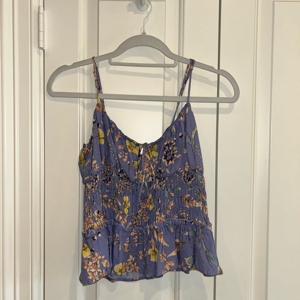 Astr Smocked Peplum Camisole in Blue and Gold